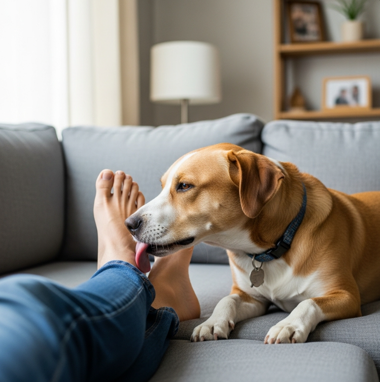 반려견이 사람 발을 핥는 이유는 애정 표현일까?