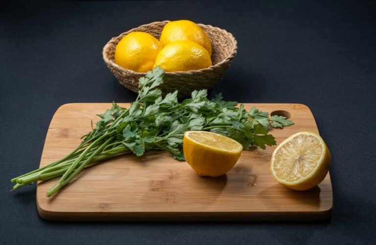 Still life of fresh lemons and parsley on a wooden cutting board, ideal for healthy eating concepts.