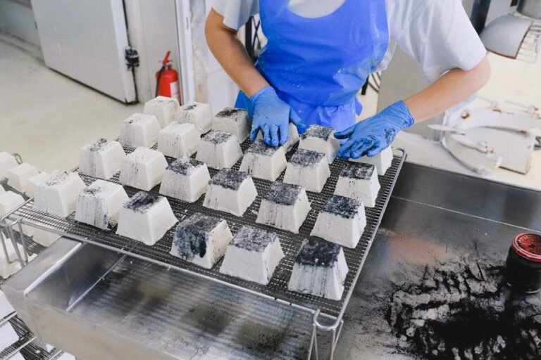 A worker in blue apron and gloves arranges charcoal-coated blocks in a factory setting.