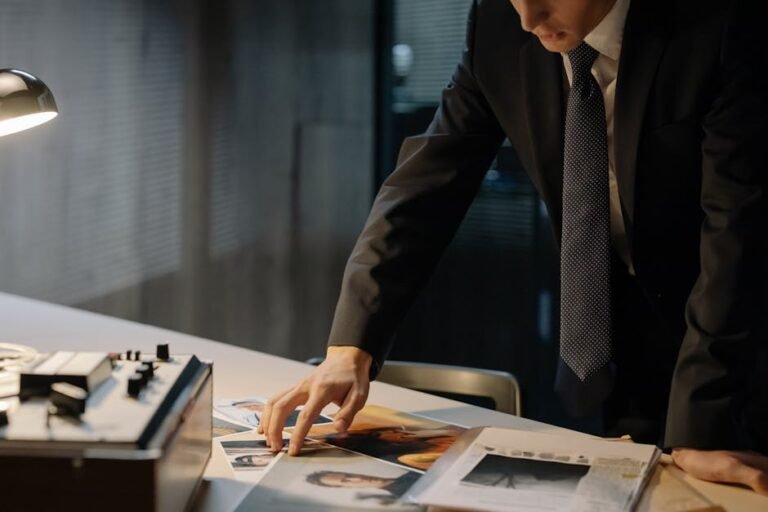 Investigator reviewing evidence photos during a night investigation in an office setting.