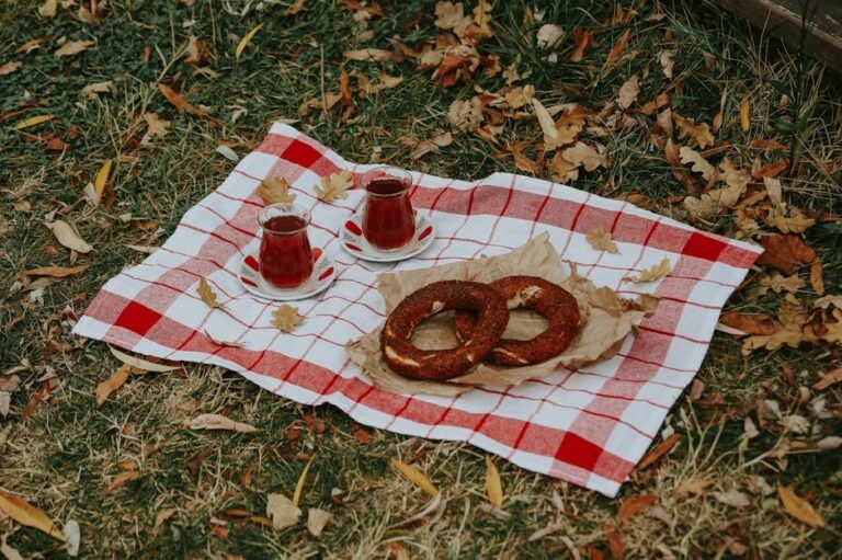 Enjoy a cozy autumn picnic with two cups of tea and simit on a red-checkered cloth on a grassy field.