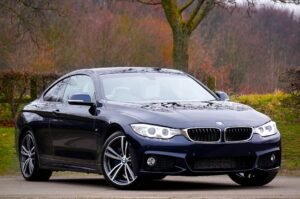 Stylish blue luxury coupe parked outdoors in autumn landscape, showcasing elegance and design.