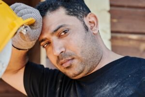 Close-up portrait of a construction worker resting with a helmet in hand.